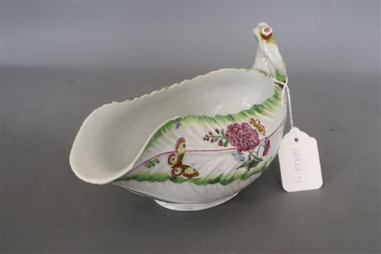 A Worcester Cos lettuce leaf sauceboat, c.1760, length 25cm